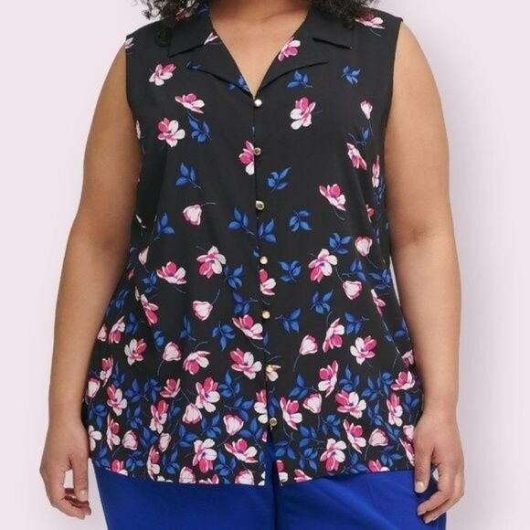 CALVIN KLEIN Black Floral Top Sz 1X Sleeveless Button Up Collar Tank Longline - Picture 1 of 10
